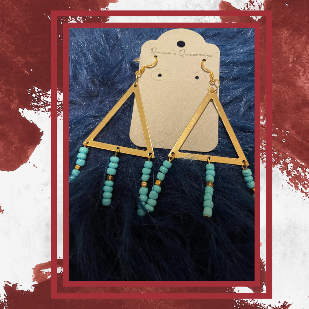 Quinn’s Quixotics: _Pair of handcrafted earrings; 14 carat gold plated hooks; gold triangles with three strands of turquoise beads.