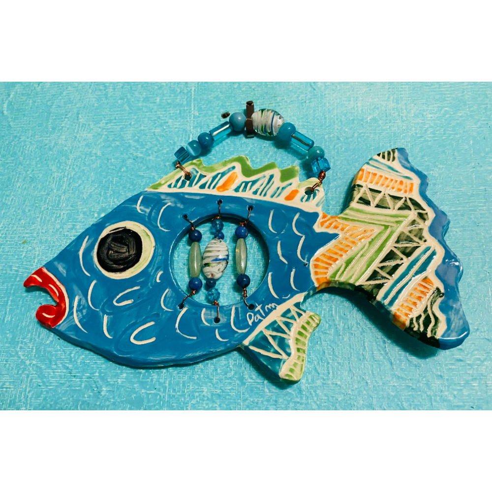 Hand Made, Painted & Beaded Whimsical Blue Fish
