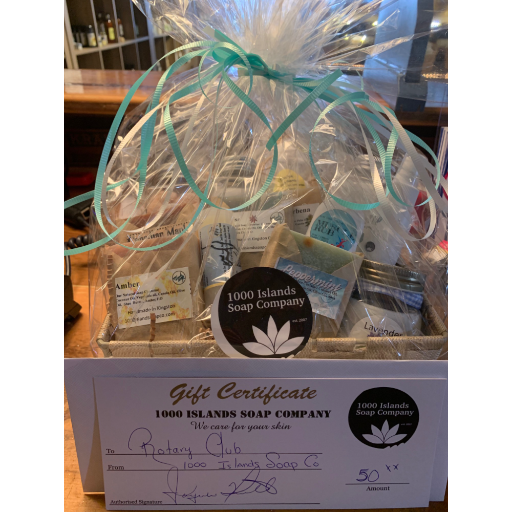 Gift basket and gift certificate donated by 1000 Islands Soap Company