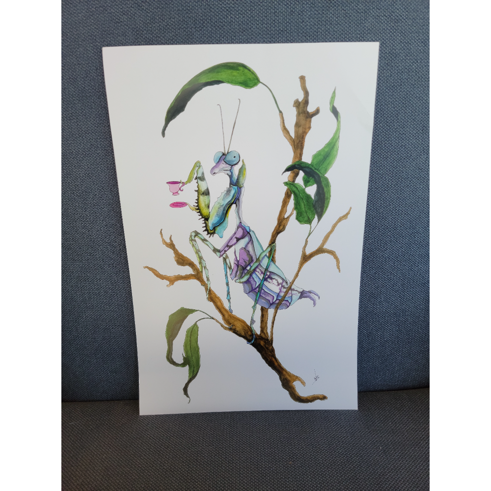 Mantis art for the tea connoisseur by Calgary artist Nena Zeck 