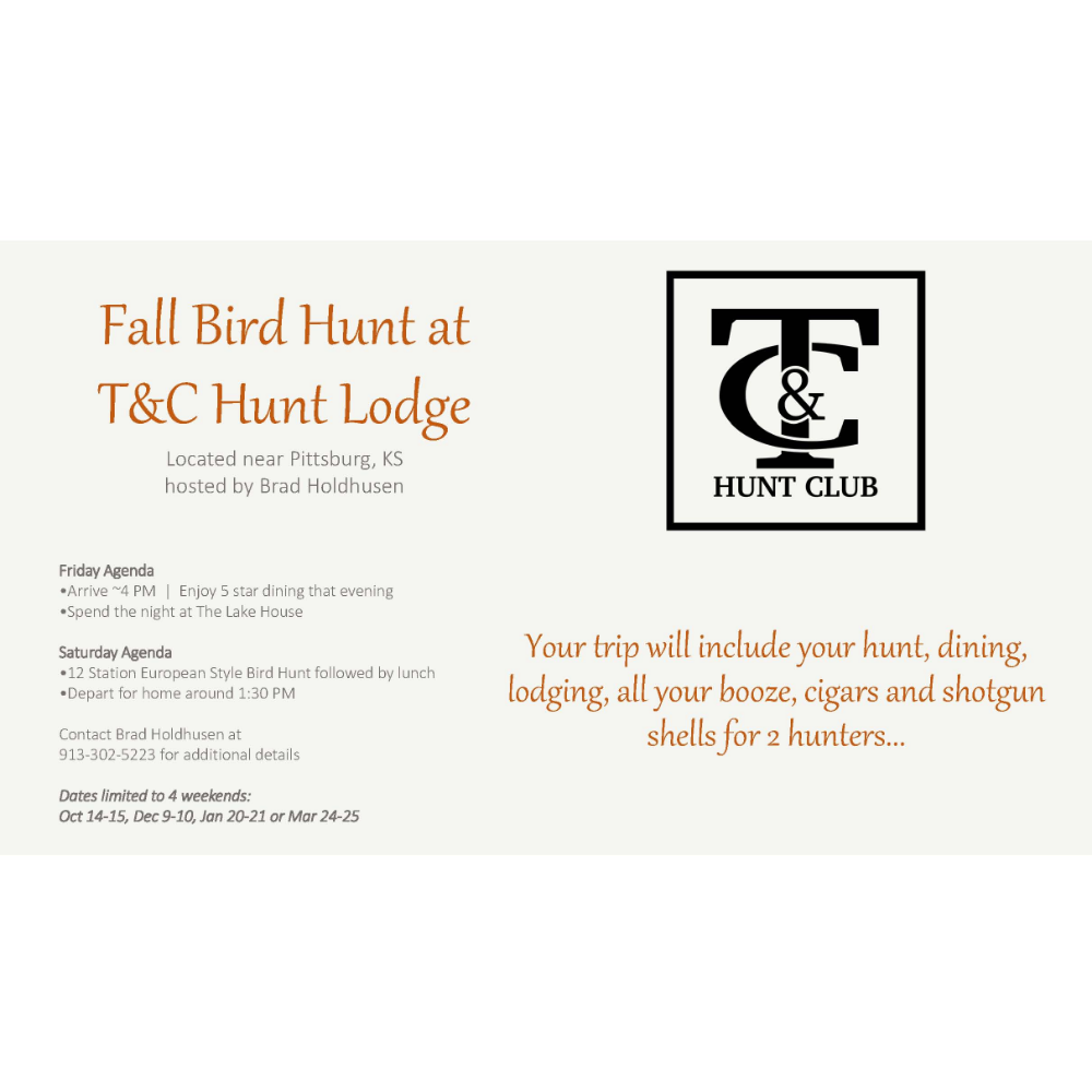 Fall Bird Hunt at T&C Hunt Lodge for TWO
