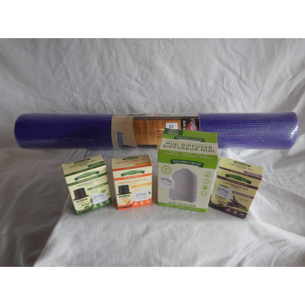 Yoga mat and essential oil diffuser supplies donated by Reddendale Pharmacy