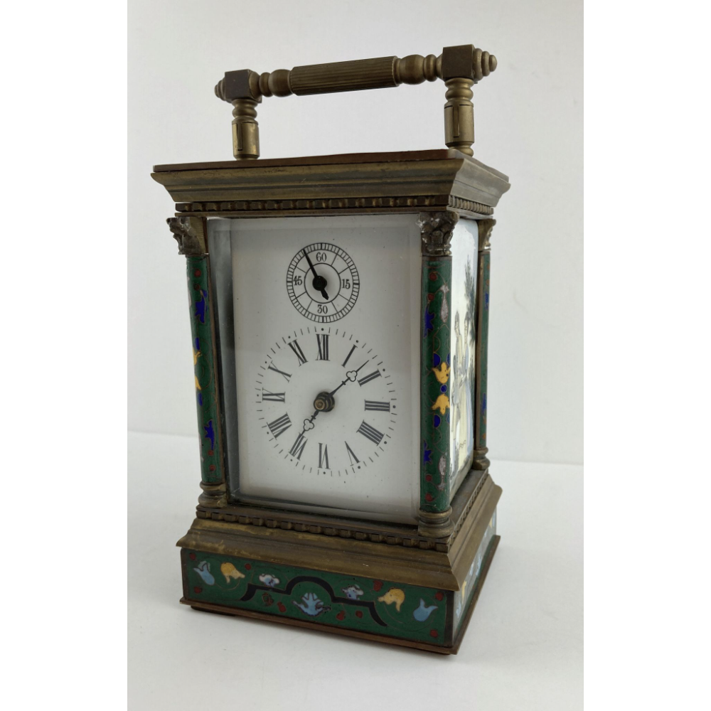 Champleve enamel, bronze carriage clock with decorated panels. 19th century, French. (18 cm high).