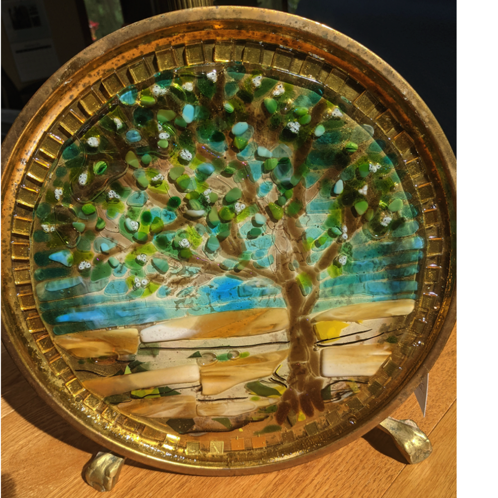 Lake Michigan and Tree on Brass, original art by Vida Kluko