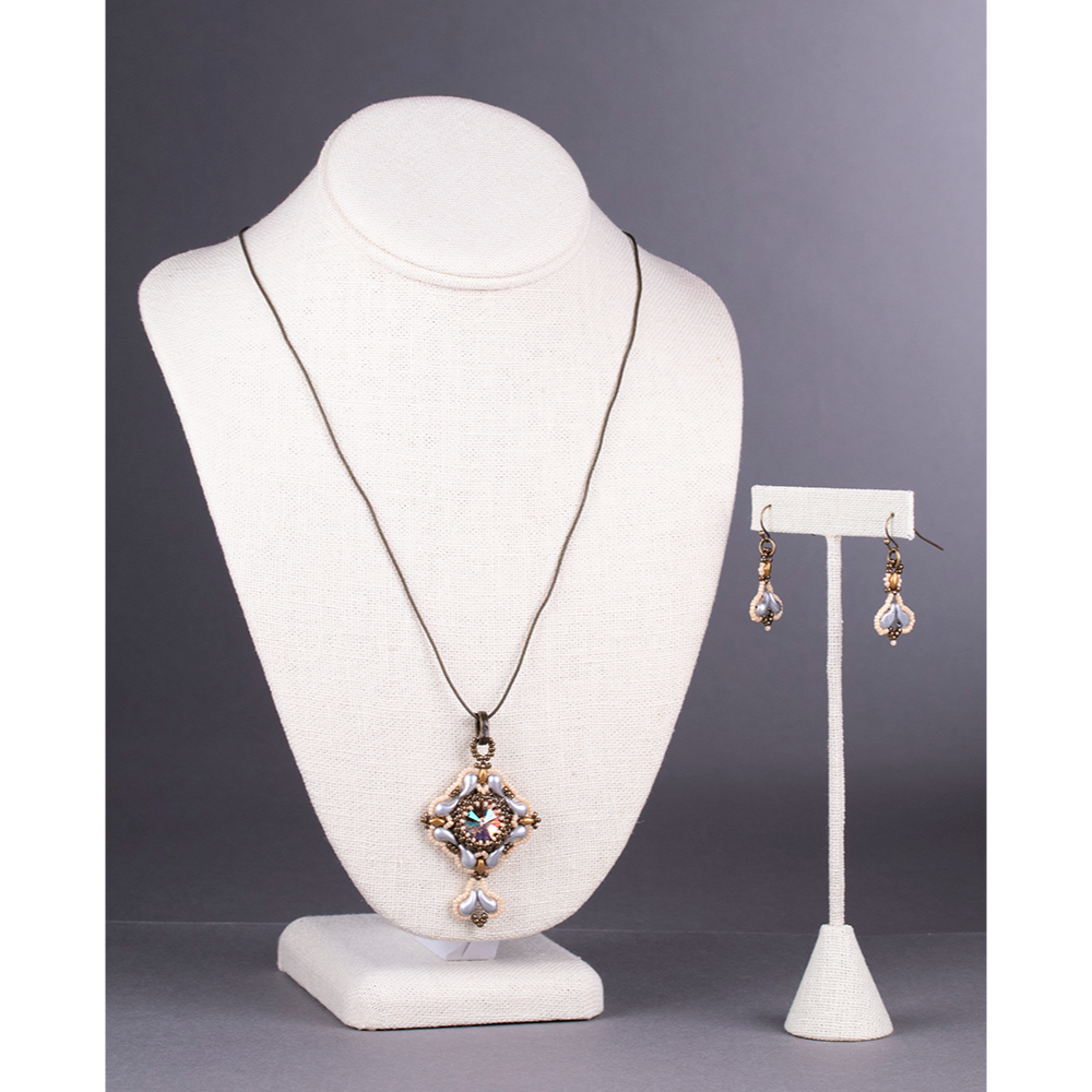 Silver and Cream Rivoli Necklace and Earrings Set