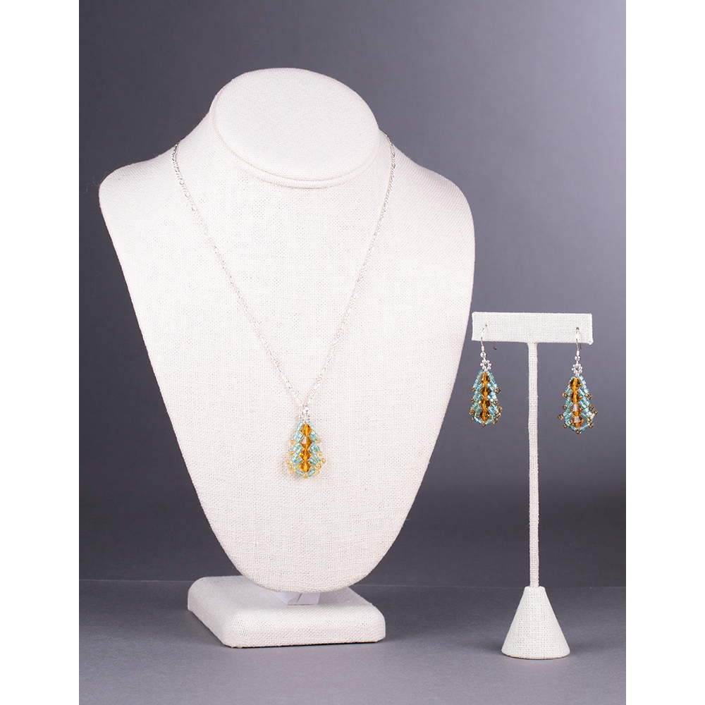 Aqua and Gold Beaded Tree Necklace and Earring Set