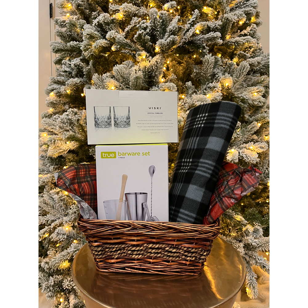 Gift Basket with Barware, crystal tumblers and a beautiful fleece picnic blanket