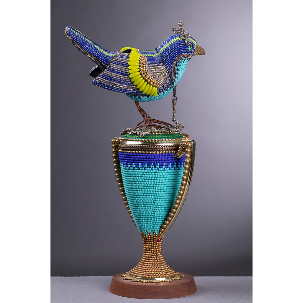 Beaded bird trophy sculpture by Jan Huling