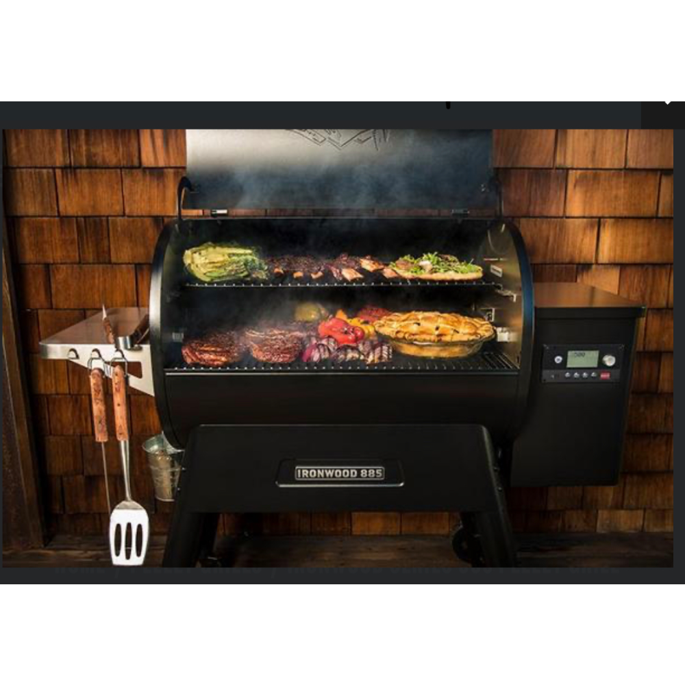 Traeger Ironwood series 885 pellet grill, including folding front shelf, cover and 6 bags pellets. 