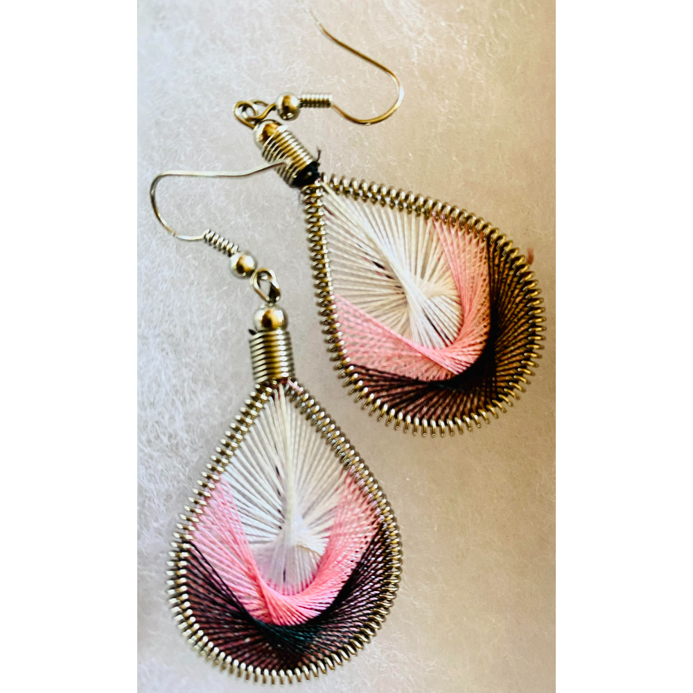 Ivory Pink and Brown Thread Mandela Indigenous Pear Shaped Earrings