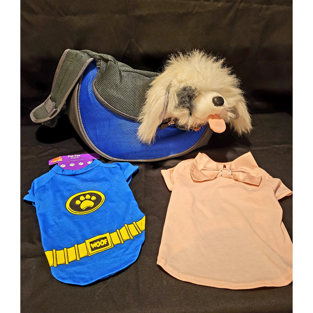 Dog Shoulder Sling carrier & assorted dog outfits