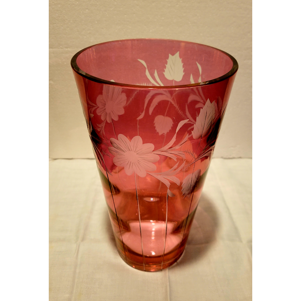 Vintage, Ruby, Etched Glass Floral Vase	