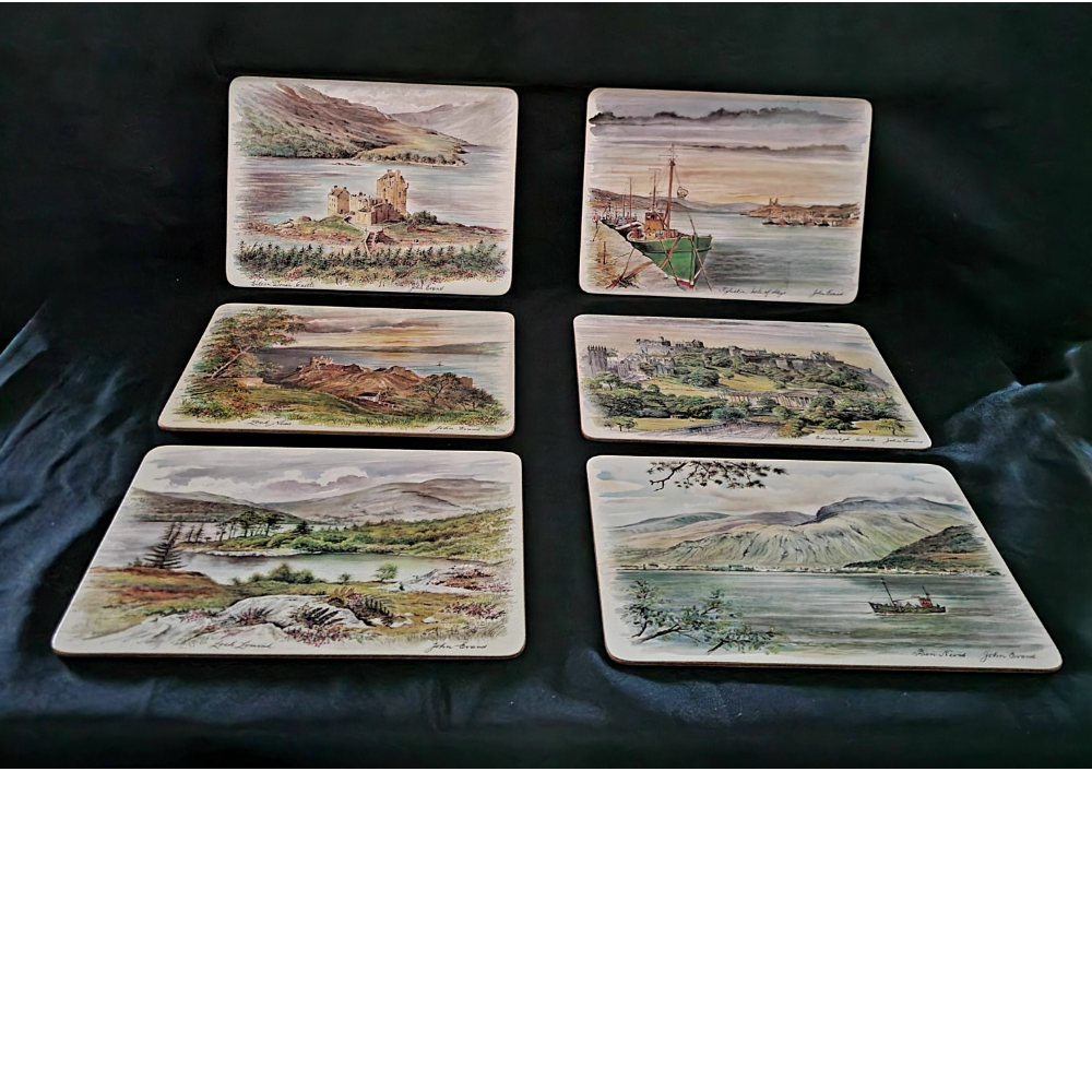 6 Vintage Scottish Loch themed table mats