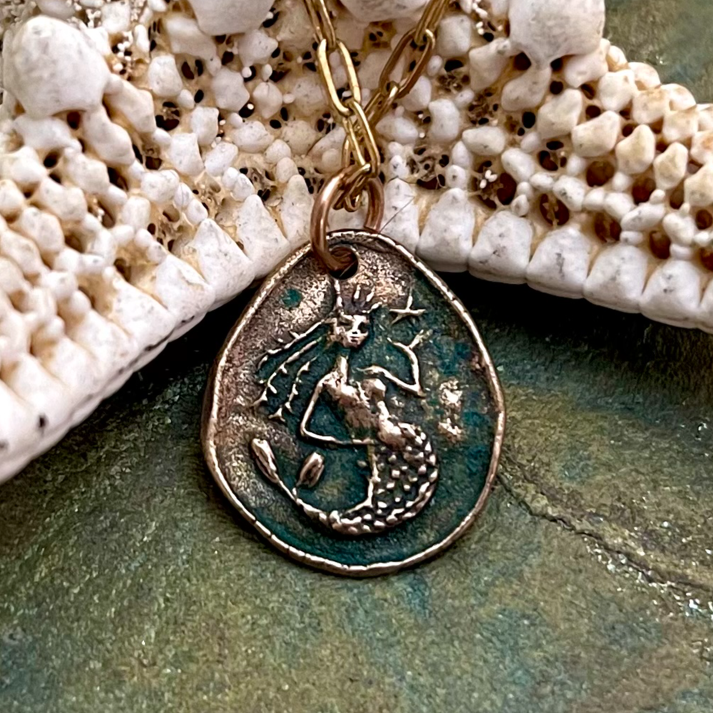 Bronze Teardrop Mermaid Coin Pendant Necklace by Cynthia Ogden