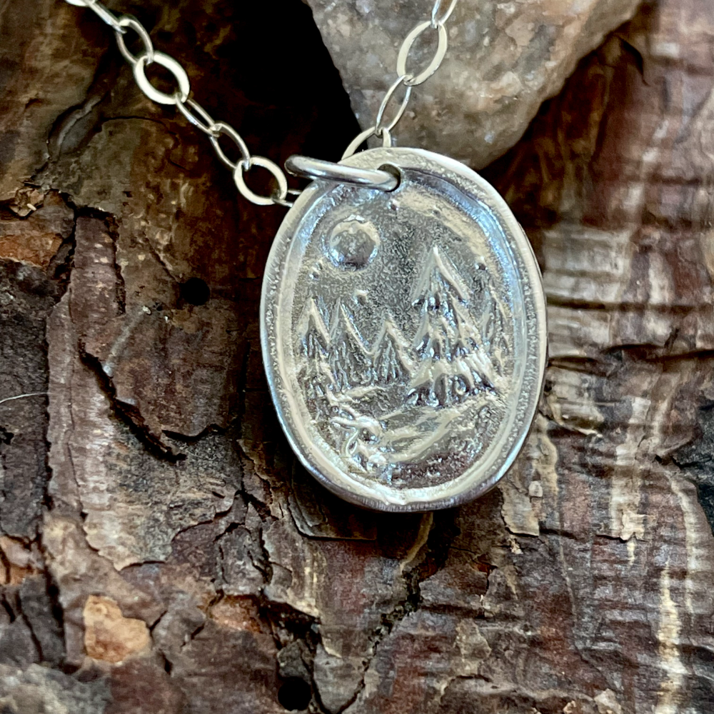Silver Plate Forest Scene Coin Necklace by Cynthia Thornton
