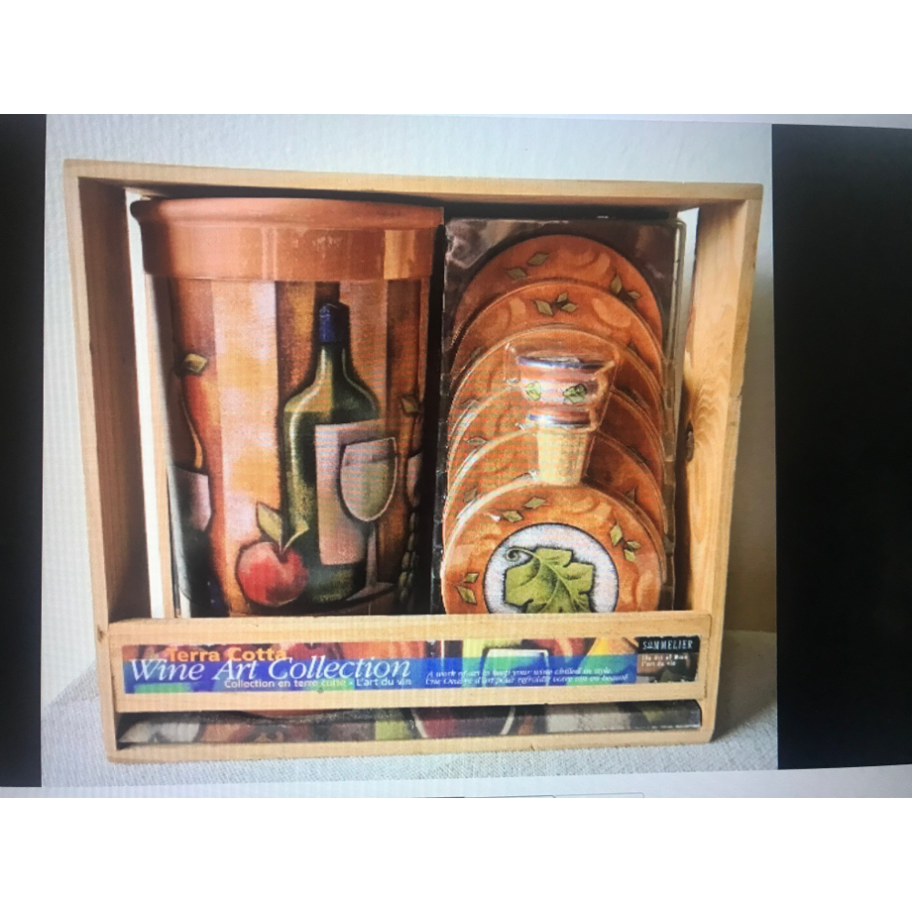 'BNIB' TERRA COTTA  Wine Art Collection -  Wine Chiller w/ Coaster, 6 Coasters & Topper  