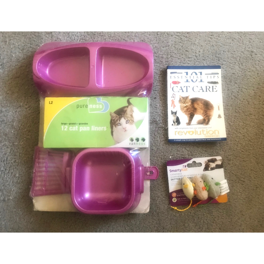 CAT SET  - Food/Water Bowls, Scoop & Liners, Booklet on Cats & 4 Mice Toys