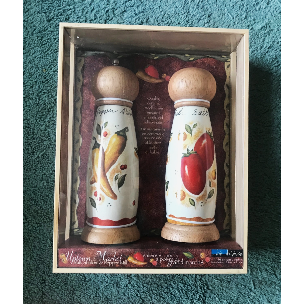 "UPTOWN MARKET" Large Salt & Pepper Shakes 8 Inch in Wooden crate