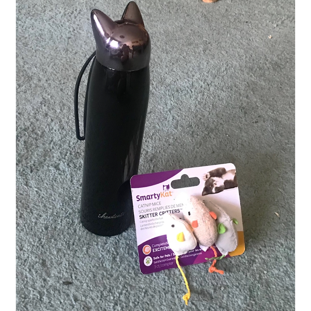 "IHEARTCATS" - Purrfect Kitty Stainless Steel Water Bottle & 3 Mice Toys