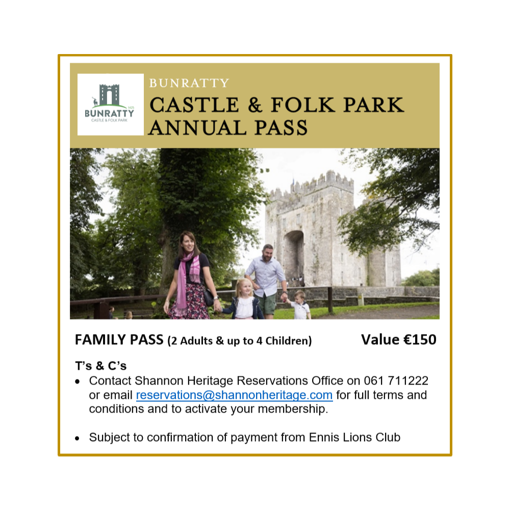 €150 Bunratty Castle Park Family Annual Pass 