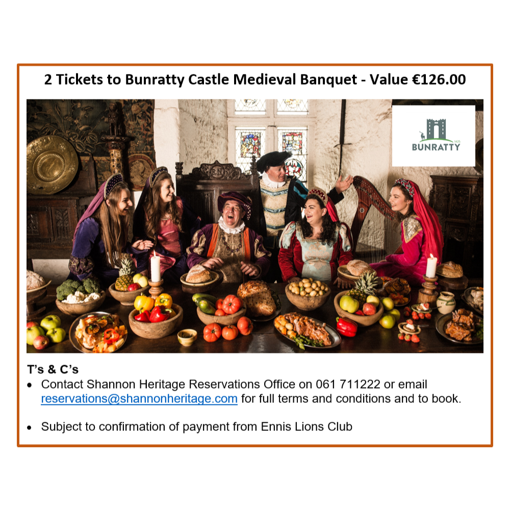 €126 Value 2 Tickets Bunratty Castle Medieval Banquet