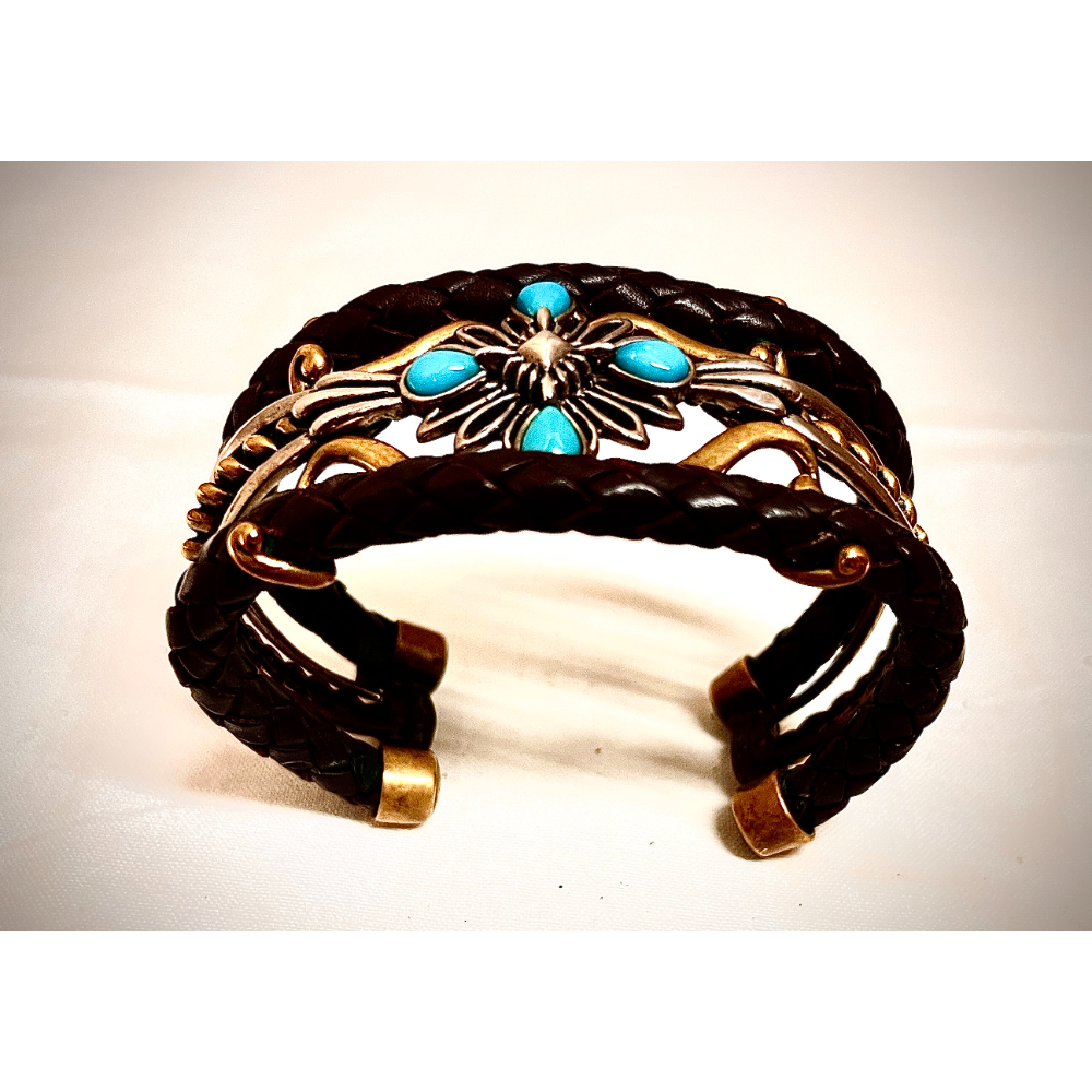 Sterling, Turquoise and Leather Cuff Bracelet; Carolyn Pollack