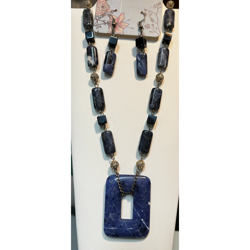 Sodalite Necklace and Earrings with Sterling and Hematite Beads