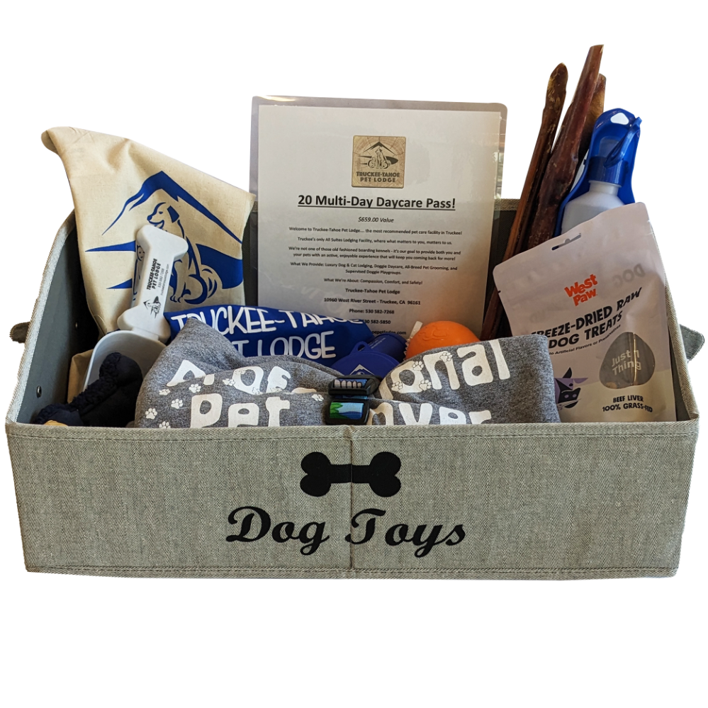 Pet Lodge Gift Basket - 20 Mulit-day Day care pass in a goodie basket with treats, toys, sweatshirt and more