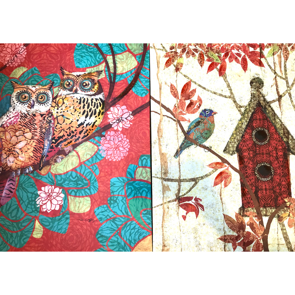 Two bird themed boho paintings