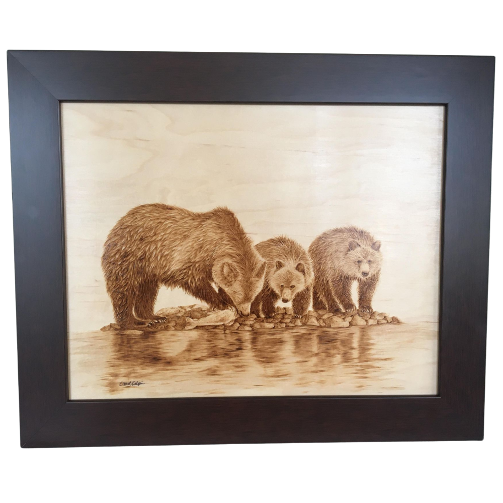 Framed Pyrography Piece - Grizzly Family on Maple 11 x 14