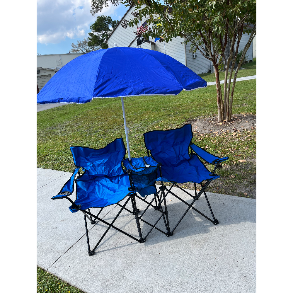 Double folding chair with umbrella and cooler