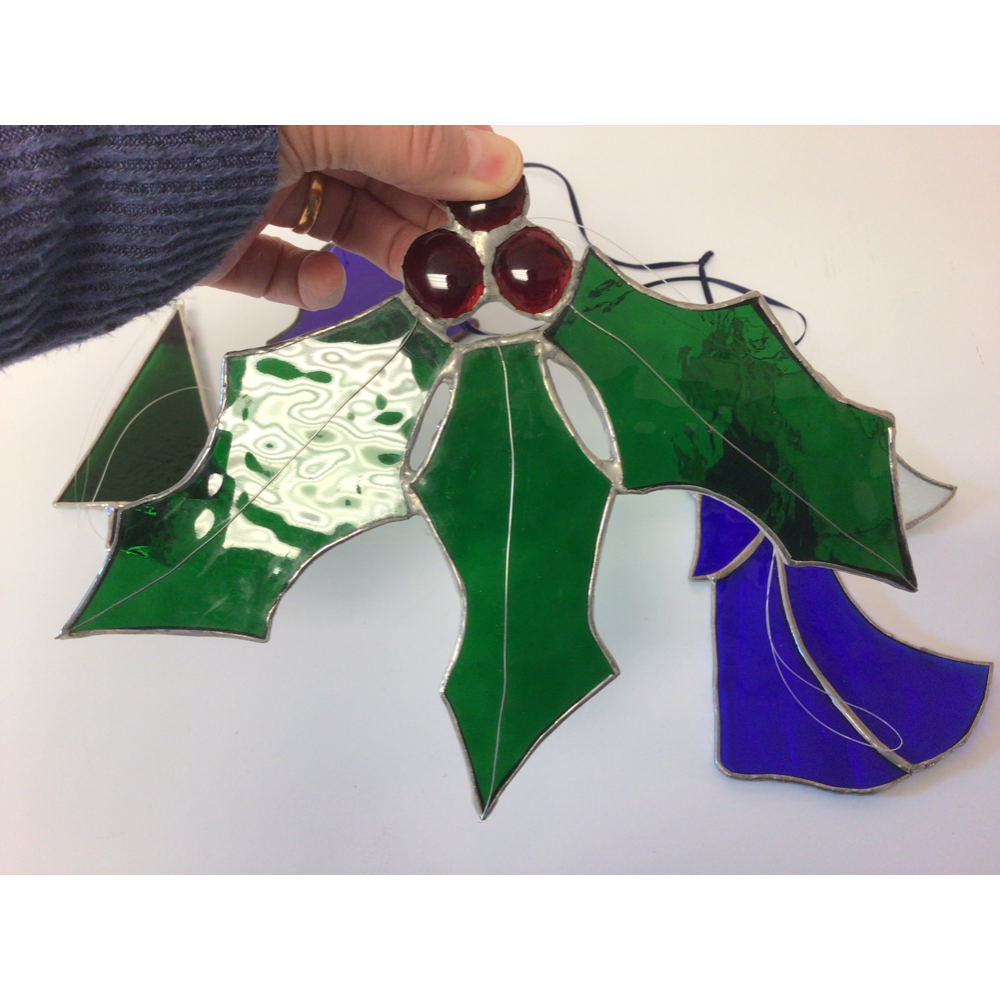 Four Vintage Stained Glass Christmas Themed Ornaments 