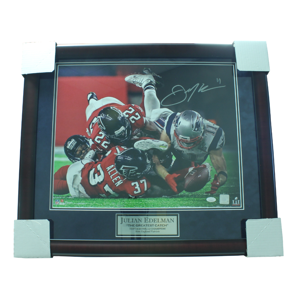 Autographed Julian Edelman "Miracle Catch" professionally framed photo.