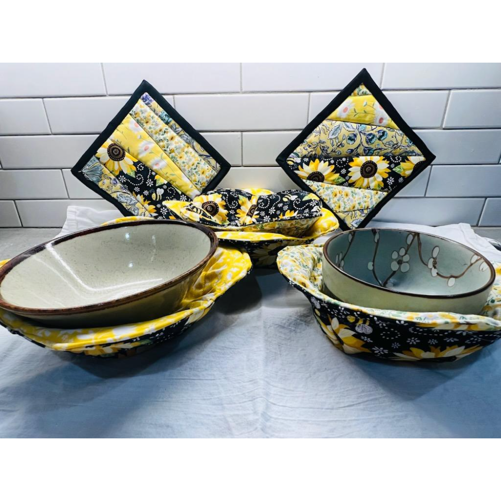 Handmade Bowl Koozies (4) and Pot Holders (2) - Flower Themed
