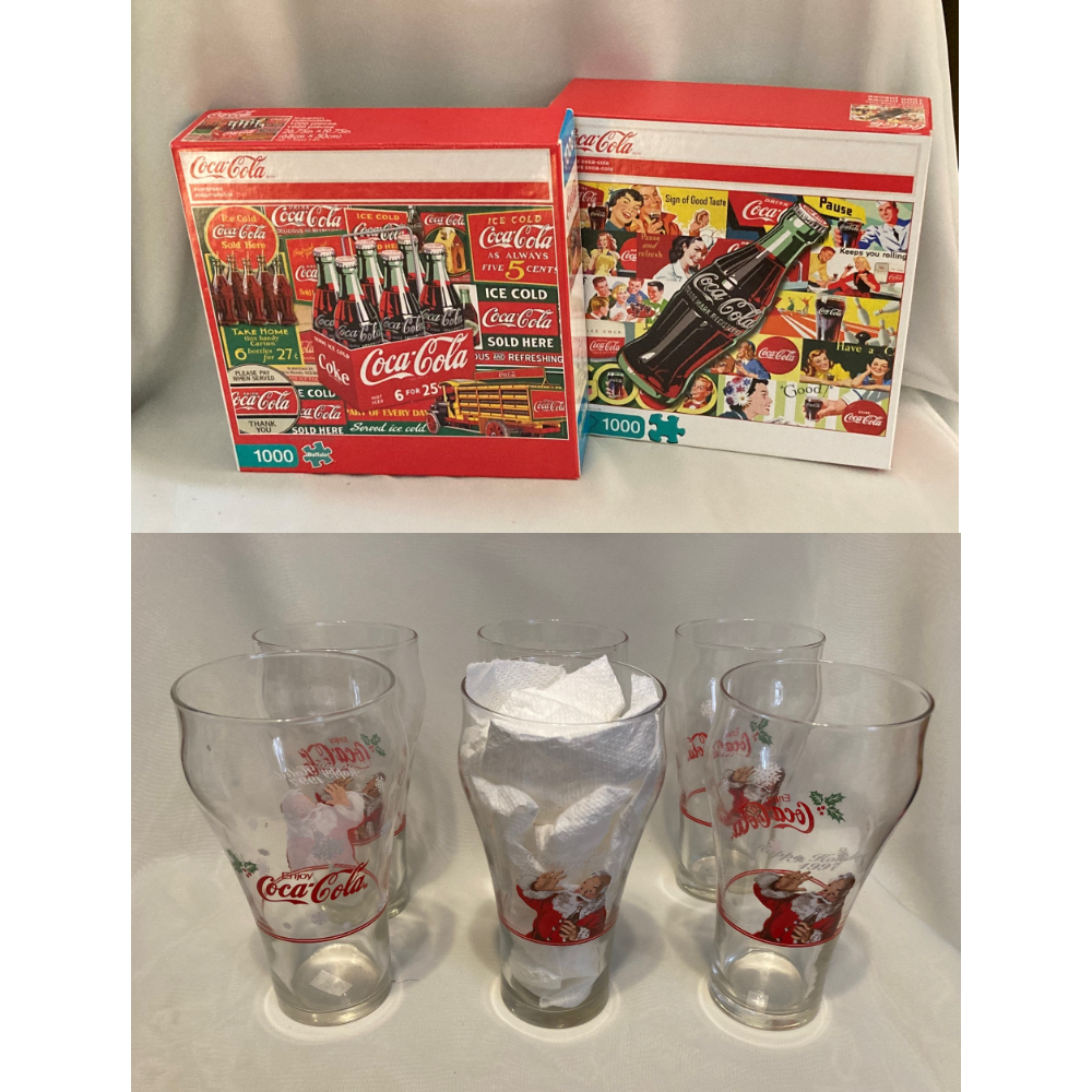 Two Coca-Cola Puzzles and Six 1997 Glasses