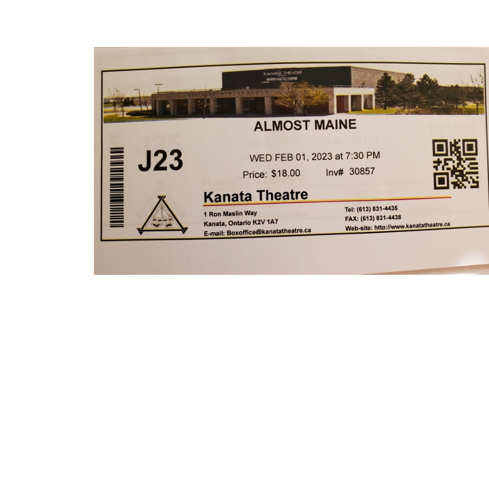 2 tickets for "Almost Maine" on Feb 1 at Kanata Theatre 