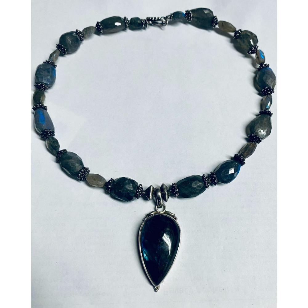 Labradorite Drop & Faceted Beads w/ Sterling Silver Choker Necklace