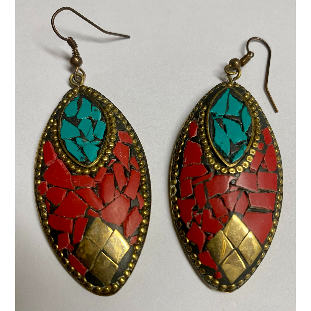 Beautiful Exotic Coral & Turquoise Inlay Brass Earrings