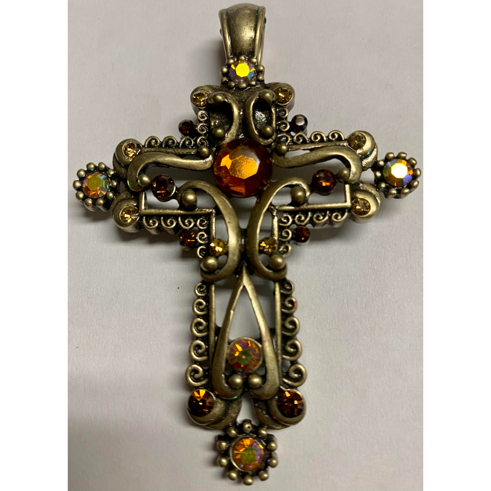 Antique Look Bronze Jeweled Clip on Cross Pendant