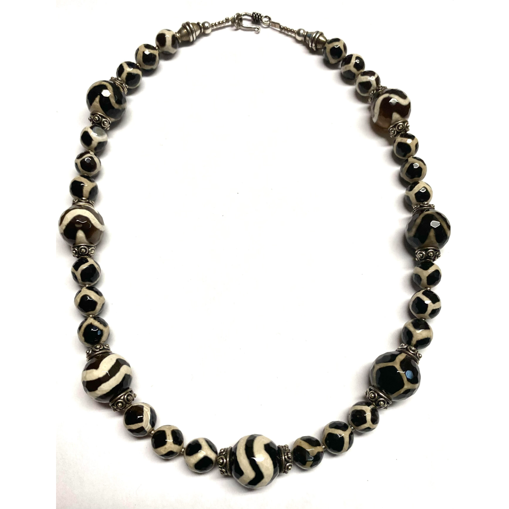 Faceted Original Carved Bead Necklace with Sterlng Silver