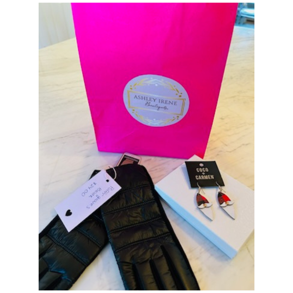 Black Gloves & Santa Earrings from Ashley Irene Boutique