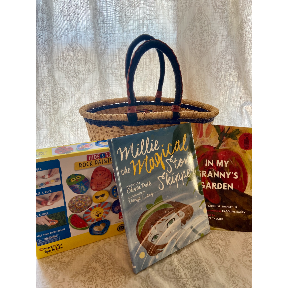 Children's books & activity basket: Signed copy of "Millie the Magical Stone Skipper," the "In My Granny's Garden" book by Metro Theater Company, plus a stone-painting kit!