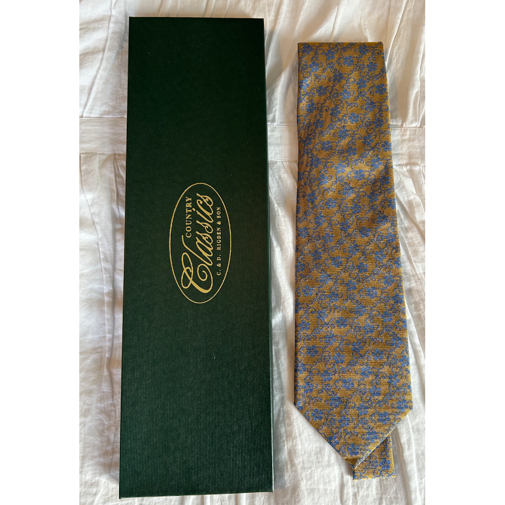 Made in England Silk Tie Gold with Blue Floral
