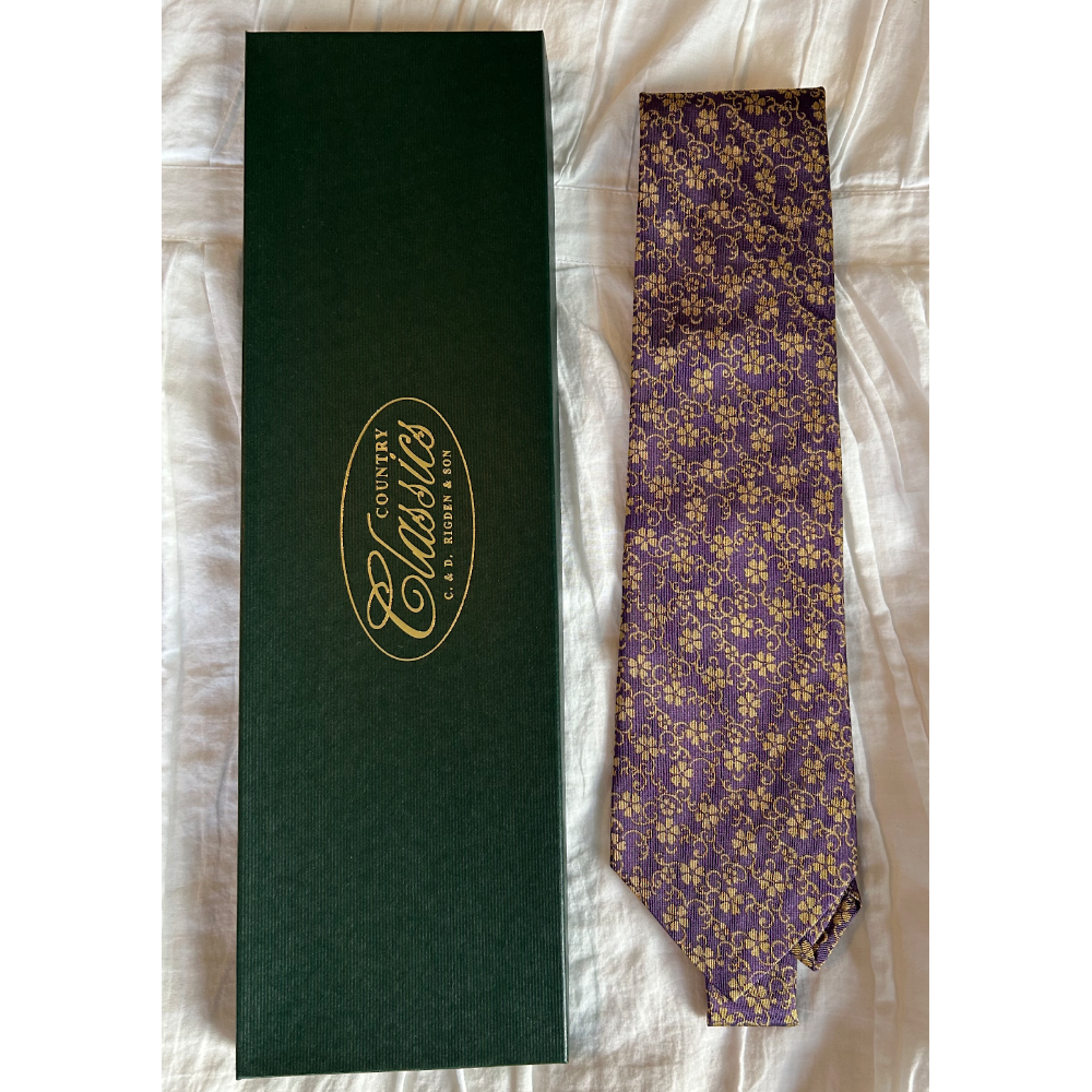 Made in England Silk Tie Purple with Gold Floral 