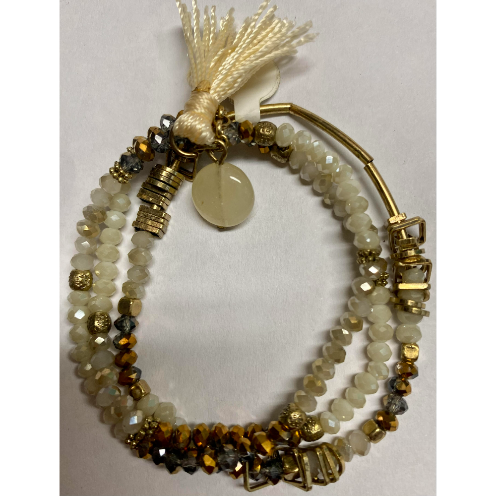Dainty Three Strand Broze and Ivory Faceted Stretch Bracelet