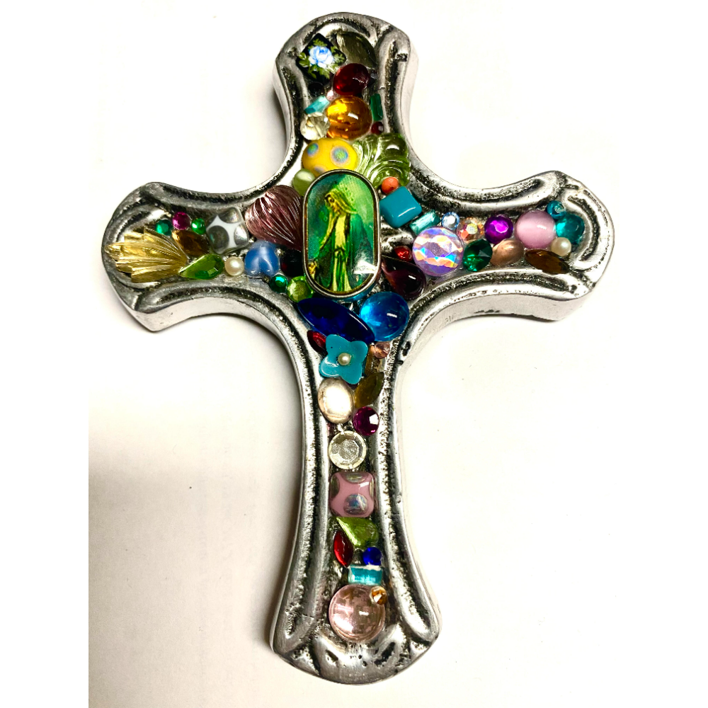 Jewel Decorated Metal Cross w/ Center Virgin Cross 5" x 3-1/2"