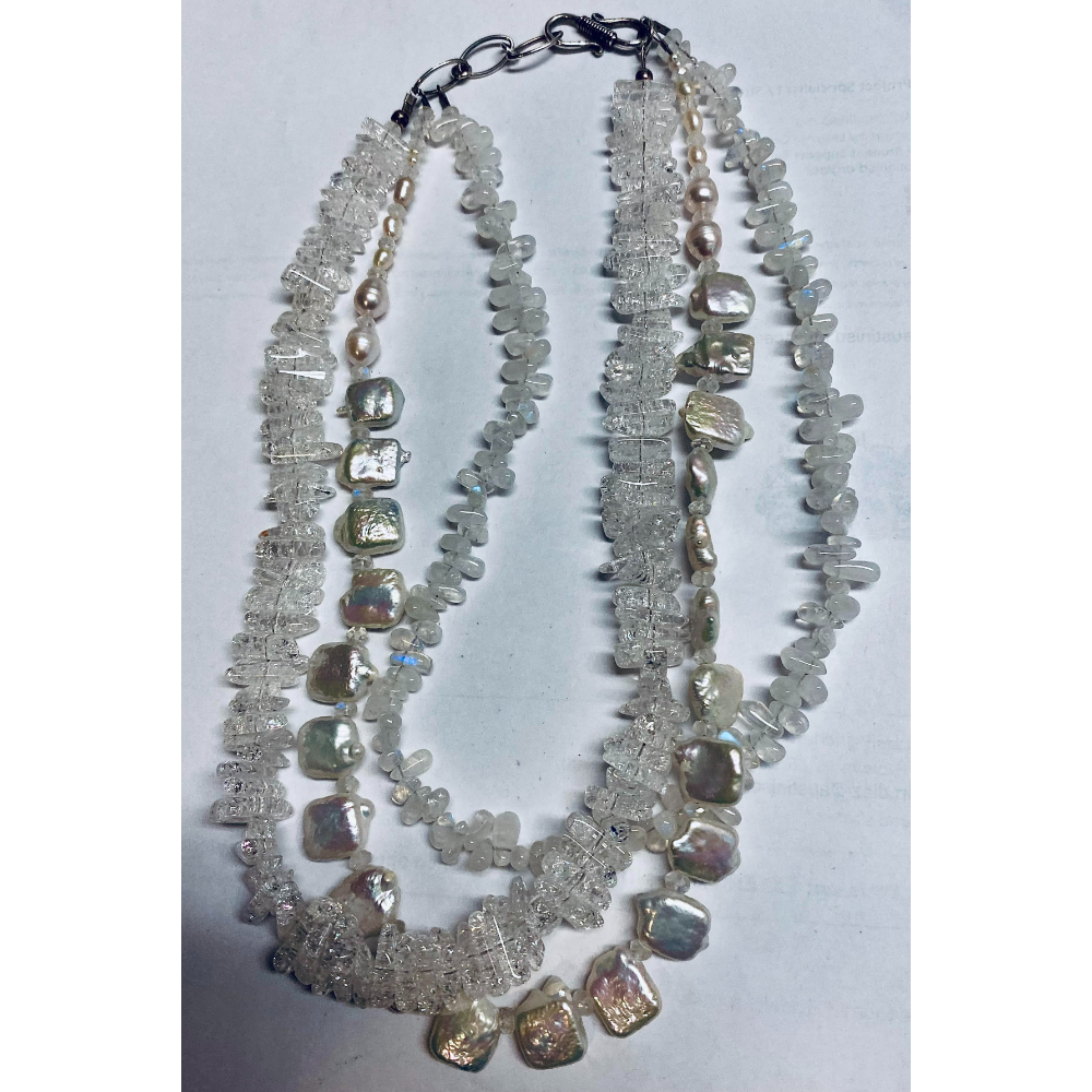 Triple Strand White Sq Freshwater Pearls, Moonstone & Crystal Necklace