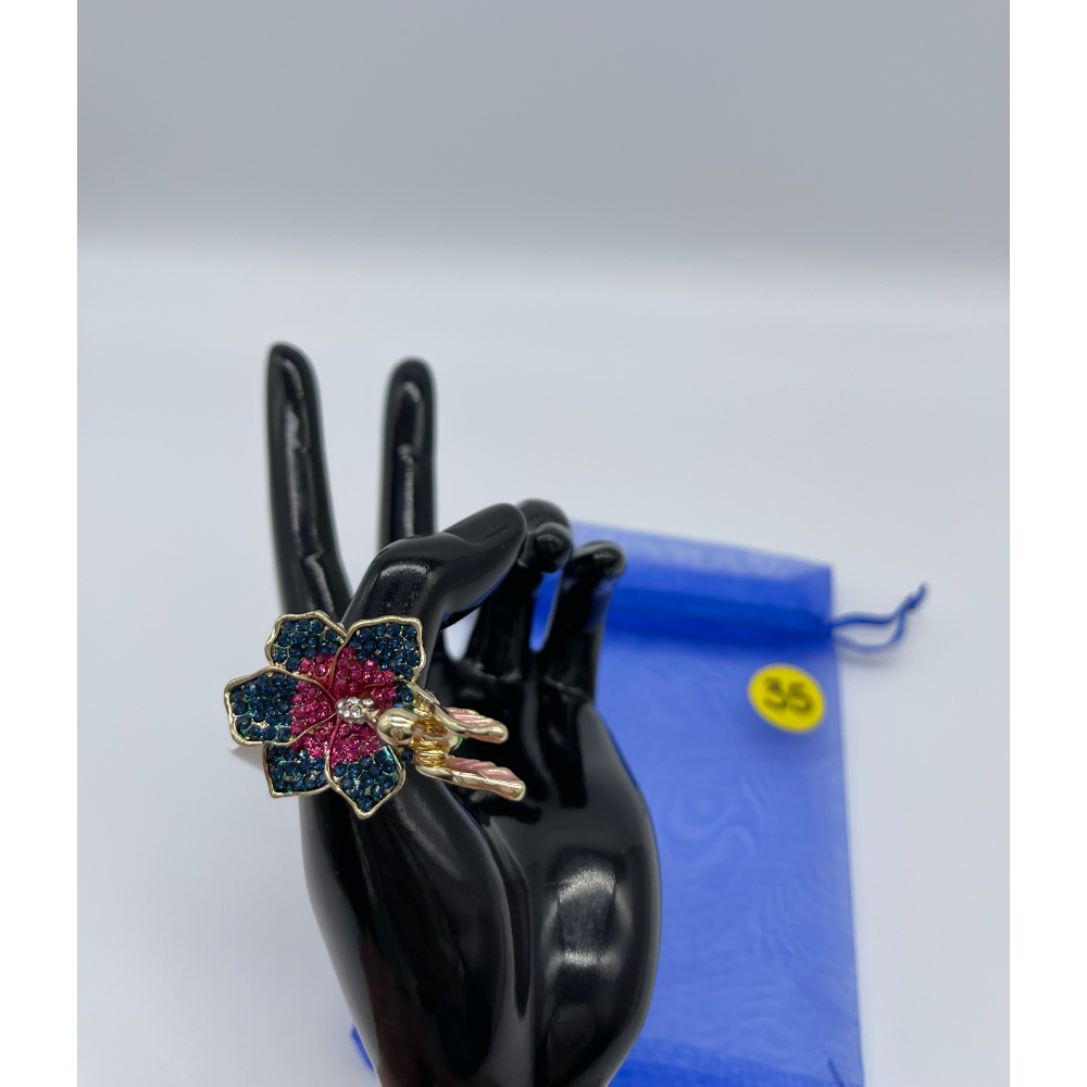 (1 Ring) (Size: 7) Gold Plated Ring with Hummingbird Drinking Nectar from a Colorful Jeweled Flower