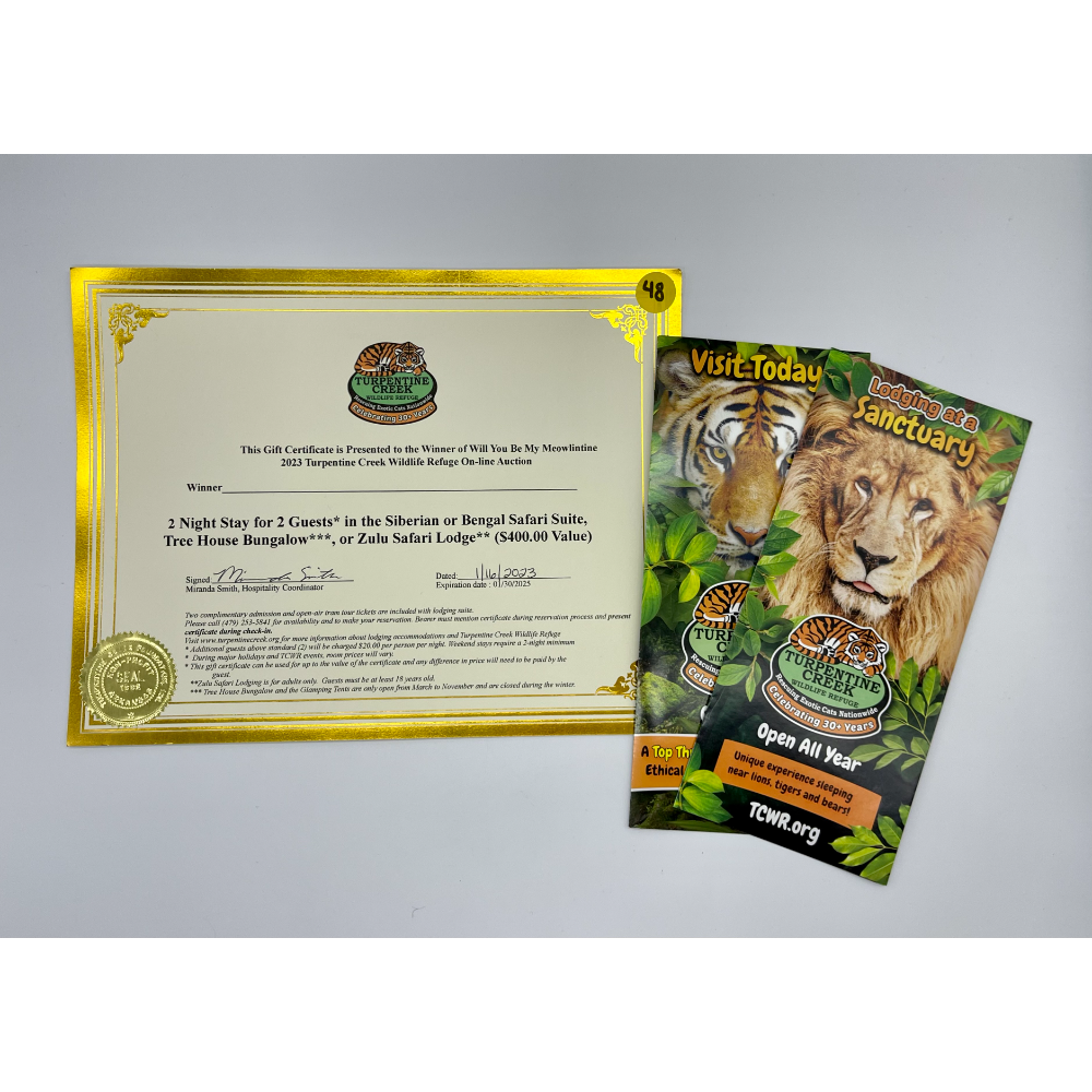 (1 Gift Certificate) Turpentine Creek Wildlife Refuge Lodging Gift Certificate