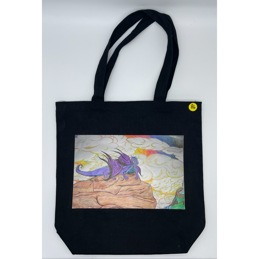 Black Canvas Bag with Art Print of a Purple and Blue Dragon